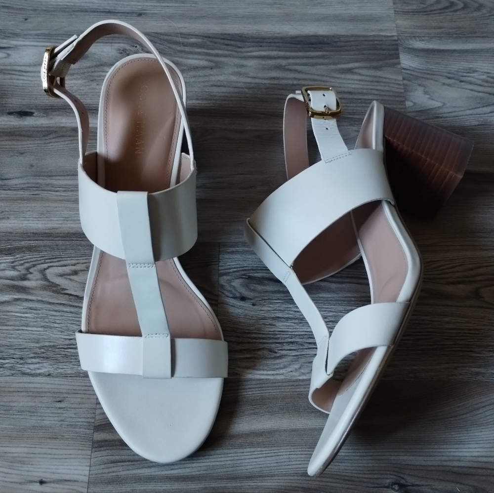 Cole Haan Josie T-Strap Leather Heeled Sandals In Ivory Women's Size 9